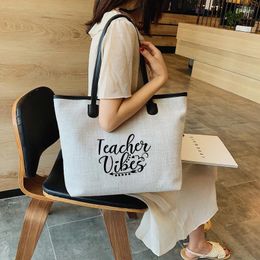 Shopping Bags Teacher Vibes Letters Gift For Wife Mom School Tote Work Bag Funny Printed Women Canvas Beach Handbag