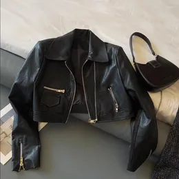 Women's Leather Trendy Black PU Short Jacket For Women Spring Faux Double Zipper Moto Biker Y2k Korean Punk Outerwear Tops
