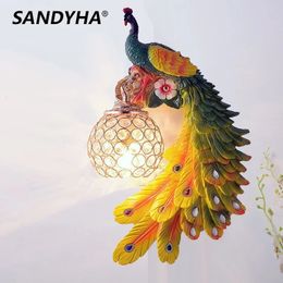 SANDYHA Peacock Bird Wall Lamp Colourful Resin Support Lighting Bedroom Living Room Home Interior Decoration Light Fixtures 240424