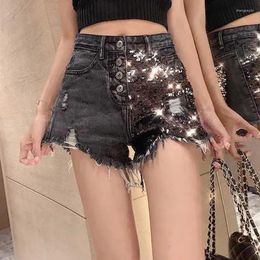 Women's Jeans Summer 2024 Denim Shorts With Holes Korean Sequin Wide Leg Pants Low Rise Vintage Clothes