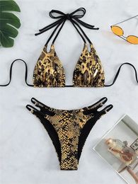 Women's Swimwear Sexy Gold Snake Print Bikini Women 2024 Halter Cut Out Push Up Micro Swimsuit Summer Bathing Suit Lace High Waist