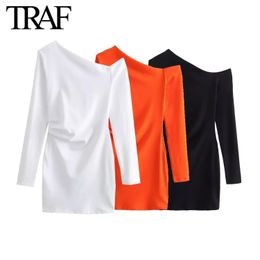 TRAF Women Fashion Spring Long-sleeved Fold White Asymmetric Dress French Chic Female Sexi Mini Evening Clothing 240424