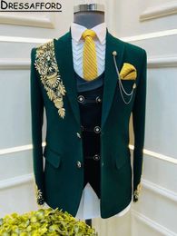 Army Green Three Pieces Men Suits With Gold Embroidery Man Blazer(Jacket+Vest+Pants)