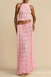 Skirts Sexy Fold Halter Crop Tops Long Skirt Suit For Women See Through Sleeveless Backless Bandage Tank High Waist Beach