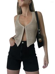 Women's Tanks Women Sleeveless Sweater Vest Solid Colour V-Neck Knitted Open Front Crop Tank Top Casual Y2k Streetwear
