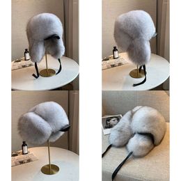 Women's Berets Fur Trapper Hat With Earflap Genuine Sier /Raccoon/Blue /Black Bomber Winter Hats Pompom Fluffy s Original Quality