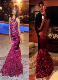 Sexy See Through Backless Prom Dresses African Style Dark Red Handmade Flowers Sequins Appliques Mermaid Evening Gowns Cocktai4577780
