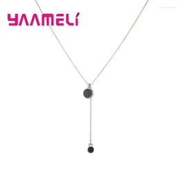 Pendants Simple Charming Women Necklace Real Pure 925 Sterling Silver Double Black Enameled Disc Clavicle Collar Jewelry