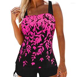Women's Swimwear 2Pcs Women Summer Leaf Print Padded Tank Tops Solid Colour Drawstring Shorts Swimsuit For Girls 5 Colours