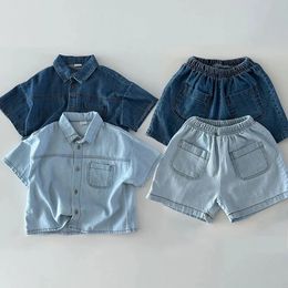 Baby Solid Denim Short Sleeve Set Boys and Girls Shirts Shorts Two Piece ins Simple Casual Sportswear 2PCS 240426