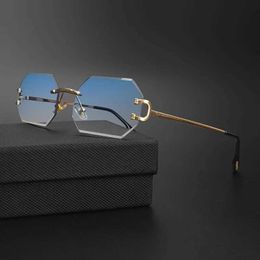 Sunglasses Fashion New Rimless Polygon Mens Sunglasses Octagonal Vintage Shades Gradient Travelling UV400 Women Sun Glasses Party Business T240428