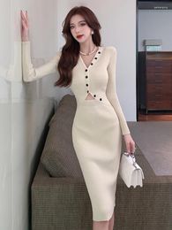 Casual Dresses V-Neck Knitted Sheath Pencil Dress Women's Black Slim Bodycon Simple Office Wear Party Vestidos