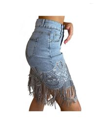 Skirts 2024 Woman Sleek Sexy Flap Pockets Sequin Fringed Mesh Hem Skinny Denim Skirt