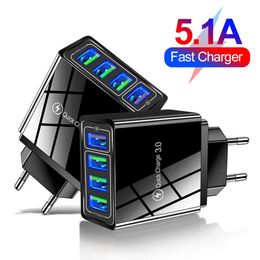 4 USB Mobile Phone Power Adapter QC 3.0 Fast 5.1A Multi Port USB Charging Head Charger