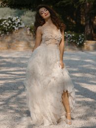 Bohemian V-Neck Spaghetti Straps Ruffles A-Line Wedding Dresses Backless 3D Appliques Lace Bridal Gowns Robe De Mariee