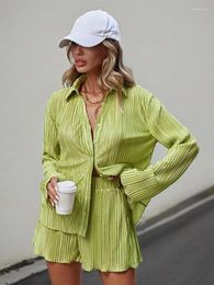 Women's Shorts Elegant Ruffles Pleated Lapel Suits Women Fashion Long Sleeve Shirts 2 Piece Sets Female Summer Beach Highstreet Outfits