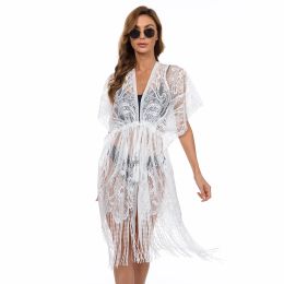 Cover-up Sexty Seethrough Women Lace Beach Cover Up Sunscreen Beachwear Tunic Long Pareos Cardigan Swimwear Swimsuit Bikini Cover Ups