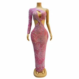 Stage Wear Flashing Evening Birthday Celebrate Pink Rhinestones Hollow Waist Transparent Dress Costume Sexy Fancy Outfit Sirong