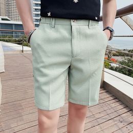 Plus Size 38-28 Fashion Summer Waffle Solid Shorts Men Korean Knee Length Slim Fit Casual Office Suit Shorts Streetwear240416