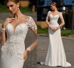 Eleganti abiti da sposa civile sirena 2024 Appliques in pizzo a maniche lunghe a V Gouns senza sponta