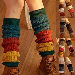 Women Socks Winter Chunky Twist Cable Knit Japanese Triple Colorblock Stitching Boot Cuffs Cover Faux Wool Thicken