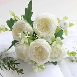 Decorative Flowers Artificial Silk Peonies White Fake Peony Bouquet 1 Bundle Flower Arrangements For Wedding Decoration (White)