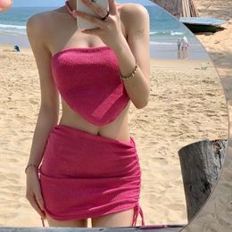 Women's New High-end Swimsuit with White and Pink Split Body Bikini, Sexy Small Chest Hot Spring Swimsuit