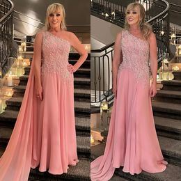 Elegant pink sheath Mother Of The Bride Dresses one shoulder beaded Wedding Guest Dress ruffle long train Evening Gowns