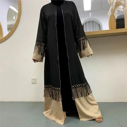 Ethnic Clothing Tassel Lace Open Abaya Turkish Islamic Cardigan Dress For Women Dubai Kaftan Muslim Zip-up Lace-up Casual Kimono Femme