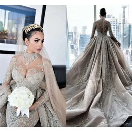 Neck High Crystal Mermaid Beaded Wedding Dresses With Detachable Train Sexy Plus Size Long Sleeves Arabic Muslim Bridal Gown