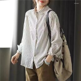 Women's Blouses Johnature Women Vintage Striped Shirts And Tops Cotton Turn-down Collar Long Sleeve Button Casual 2024 Loose