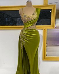 Party Dresses Green Evening V Neck Sleeveless Straps Satin Sequins Appliques Beaded Luxury Mermaid Side Slit Prom Custom Made