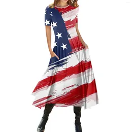 Party Dresses 2024 Women's Fashion-forward And Trendy Casual Independence Day Printed Round Neck Pullover Slim Fitting Short Sleeve Dress