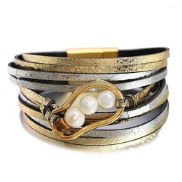 Charm Bracelets Amorcome Fashion Imitation Pearls Geometric For Women Girls Multilayer Wrap Soft Leather Bracelet Party Jewellery