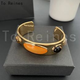 To Reines Gold Colour Metal Opening Bangle Multicoloured Natural Stone Decoration Bracelet Women Particularly Wedding Party Gift 240423