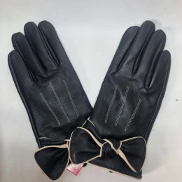 Brand Design Women Genuine Leather Sheepskin Bow Decoration Velvet Lining Keep Warm Winter Black Gloves