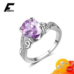 Band Rings Womens Fashion Ring 925 Silver Jewellery Oval Amethyst Zirconia Finger Ring Engagement Party Accessories Q240427