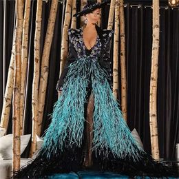 스팽글 디자이너 크리스탈 형식 이브닝 비즈 깃털 무도회 섹시한 vneck 사이드 스플리트 맞춤형 활주로 패션 드레스