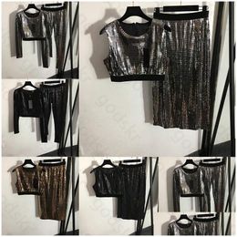 Womens Tracksuits Y Sequin Vest Skirt Tops Leggings Women Fashion Camisole Elastic Waist Half Long Sleeved Slim Sports Shirt Higt Stre Dhbmf