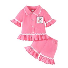 Pudcoco Baby Girl Easter Pajama Set Lapel Neck Short Sleeve Button Down Tops Frill Trim Shorts Infant Toddler Sleepwear 3M3T 240418