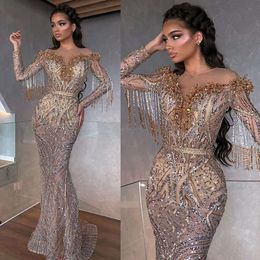 Neck Sheer Mermaid Dresses Evening Beaded Jewel Sequins Tassel Prom Dress Long Sleeves Illusion Sweep Train Formal Party Gown