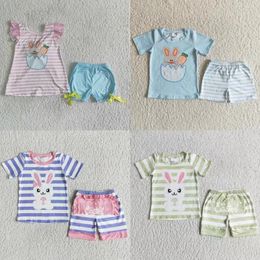 Clothing Sets Wholesale Toddler Kids Short Sleeves Eggs Tops Baby Boy Girl Stripes Shorts Outfit Children Easter Set