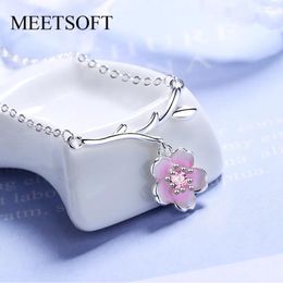 Pendants MEETSOFT Trendy 925 Sterling Silver Cherry Blossoms Zircon Choker Necklace Chain For Party Wholesale Chic Jewelry Accessory Gift