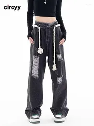 Women's Jeans Ripped For Women Baggy High Waisted Drawstring Wide Leg Denim Pants Patchwork Full Length Spring Trousers Streetwear Y2K