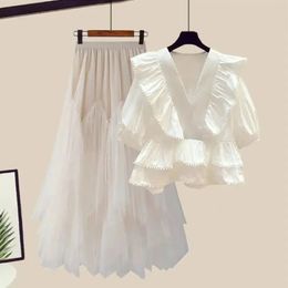 Summer Women Two Piece Set Ruffles Tulle Skirt Deep V Neck T Shirt High Waist Fluffy Maxi Long Tutu Fairy Cake Dress 240418