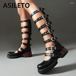 Dress Shoes ASILETO Punk Roman Women Pumps Round Toe Block Heels Zipper Mult Buckle Straps Patent Leather Plus Size 42 43 44 Street