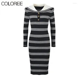 Casual Dresses Korean Fashion Striped Dress For Women 2024 Autumn Elegant Long Sleeve Knitted Sweater Vestidos Para Mujer