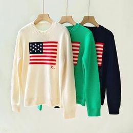 Designer Women's Wool Sweater - Hand-Knitted American Flag Long Sleeve Pullover, High-Quality Cashmere Sweater, Fashionable and Versatile Flag Print