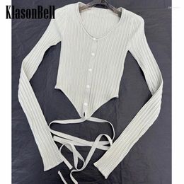 Women's Knits 4.8 KlasonBell Trendy Women Streetwear All-matches Lace-up Bandage Knit Cardigan O-Neck Single Breasted Slim Short Top