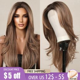 Hair Products Light Brown Hairline Lace Long Synthetic Wigs Natural Wavy Middle Part Lace Hair Wig for Women Daily Cosplay Heat Resistant Use